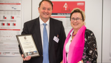 Lanxess head of liquid purification technology, Jean-Marc Vessel, is congratulated by Bitterfeld-Wolfen city mayor, Petra Wust, on five years of membrane production in Bitterfeld, Germany